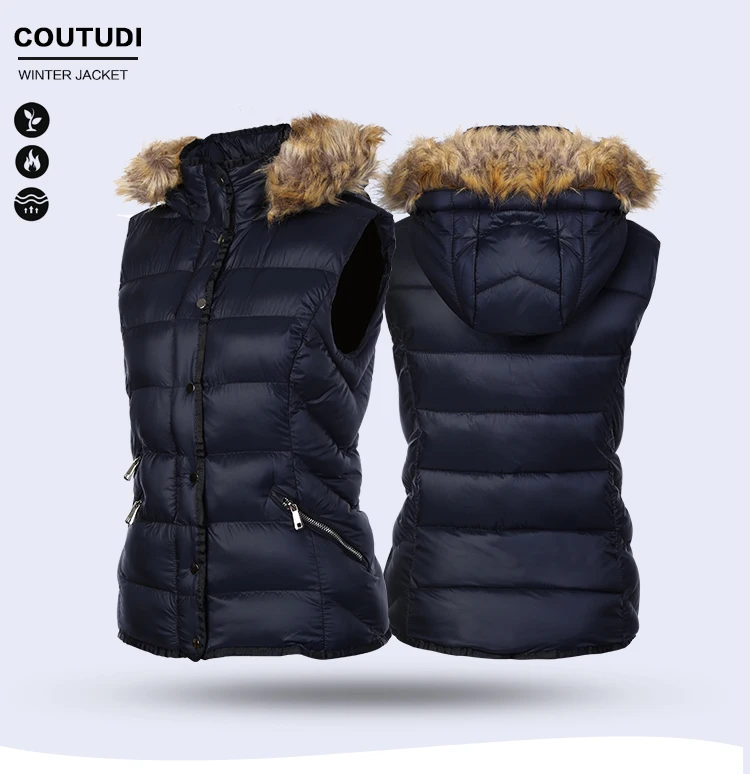 COUTUDI меховой воротник, жилет, пальто, роскошная теплая Женская Тонкая зимняя безрукавка, однотонный черный, большие размеры, модный пуховик с капюшоном