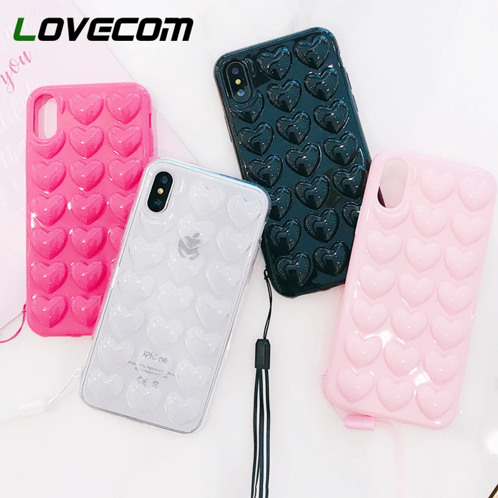 Чехол для телефона LOVECOM 3D Love Heart Candy для iPhone 11 Pro Max XS Max XR XS X 6 6S 7 8 Plus с ремешком, Мягкая силиконовая задняя крышка