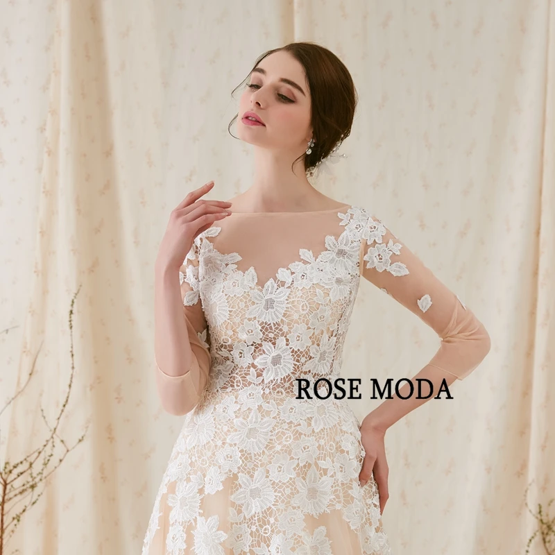 Розовое Moda французское кружевное свадебное платье с длинными рукавами бежевый свадебный наряд с белые кружева с аппликацией реальные фотографии