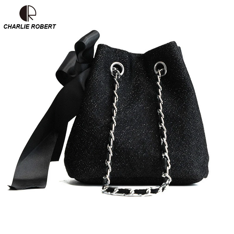 

2019 New Vintage Women Lady Sweet bowknot Black & Gray Chains Pu Shoulder Solid String Crossbody Bags Bucket Drop shopping