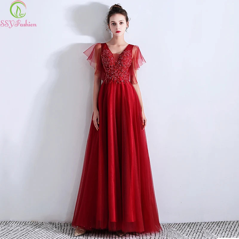 Женское вечернее платье ssyмодное бордовое украшенные бисером Длинные вечерние