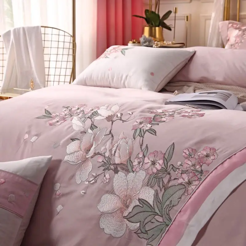 Новый классический стиль Роскошный розовый цветок вышивка 60S Египетский хлопок