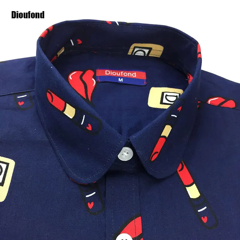 Dioufond Белый Синий с принтом губ Для женщин блузки длинным рукавом дамы офисная