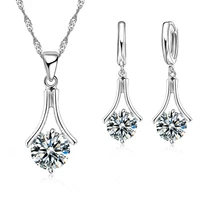 free shipping promotion women wedding jewelry set 925 serling silver white cubic zircon necklace earrings wholesale