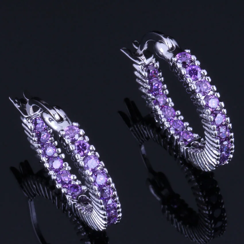 

Shiny Round Purple Cubic Zirconia Silver Plated Clip Hoop Huggie Earrings V0948