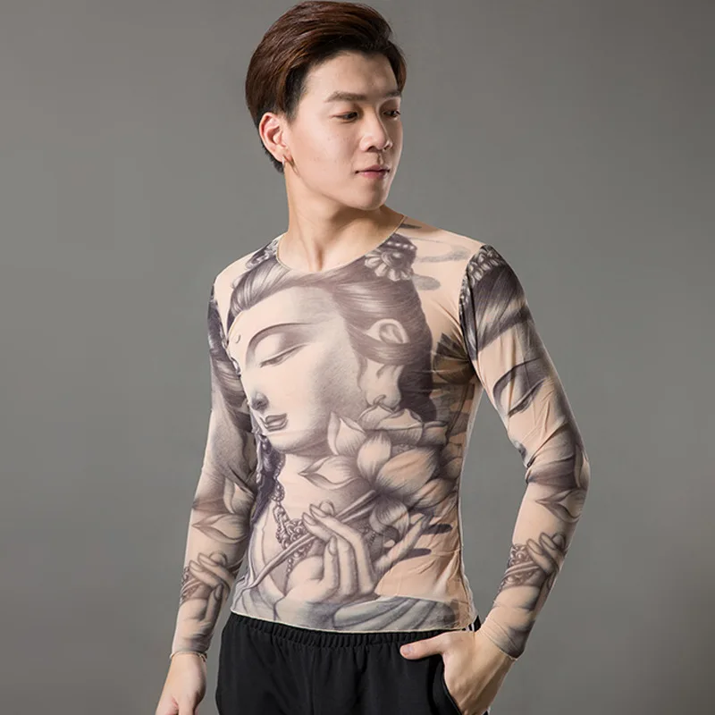 2019 Модные мужские футболки с имитацией татуировок длинным рукавом эластичные
