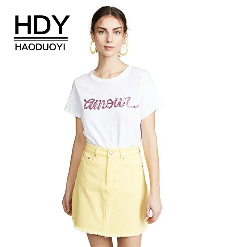 Фото HDY Haoduoyi Femme Летние Стильные повседневные топы для девочек Простая белая футболка HDY Haoduoyi Femme Летние Стильные повседневные топы для девочек Простая белая футболка
