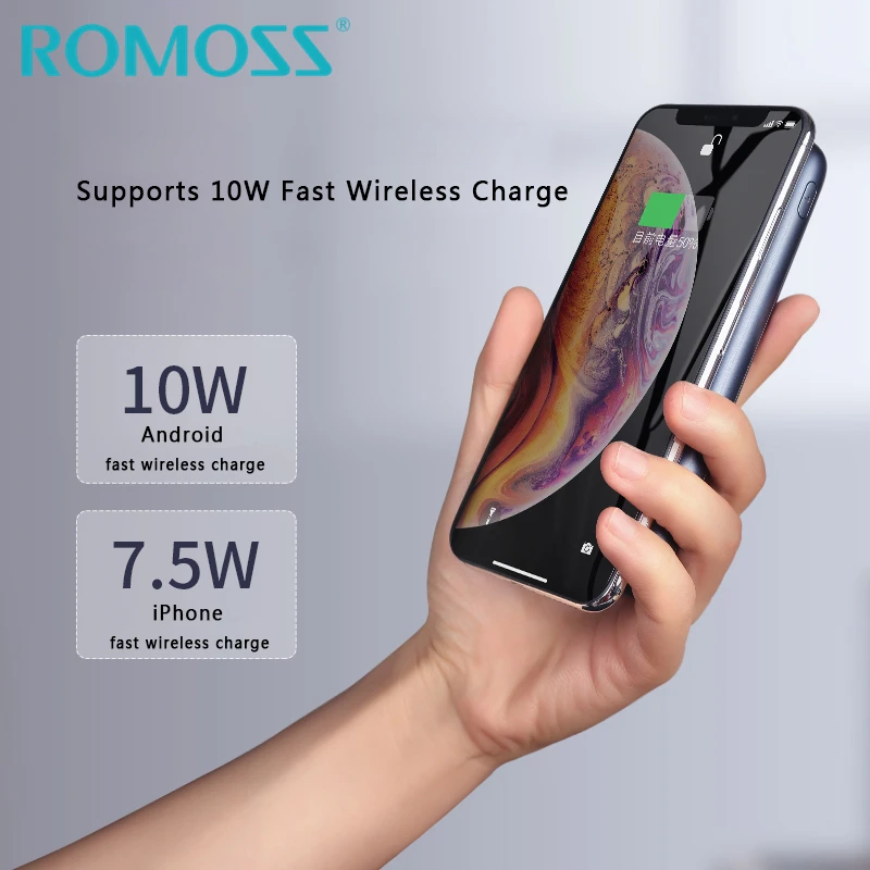 ROMOSS 10W Быстрый Беспроводной Зарядное устройство Мощность банк 10000mAh& 18 Вт QC 3,0 Быстрая зарядка для iPhone 8/8 Plus/X/XS max S10 S9 S8 Note8/9