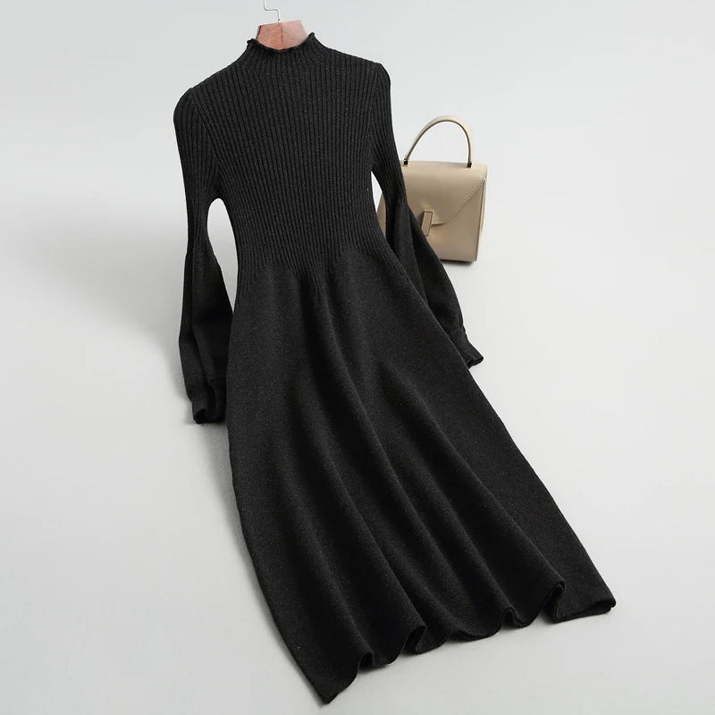 

Autumn Winter Women Basic Sweater Dress Elegant Turtleneck Knitted Dress Causal Long Sleeve Midi A-Line Dresses