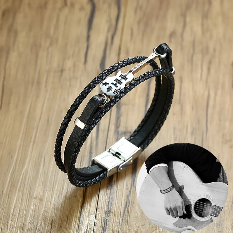 Мужской браслет гитара черный тройной Тканый кожаный музыкальная училка или