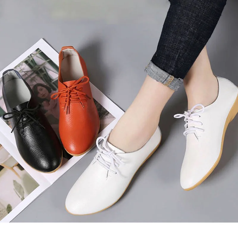 Туфли женские демисезонные на плоской подошве из кожи шнуровке | Обувь