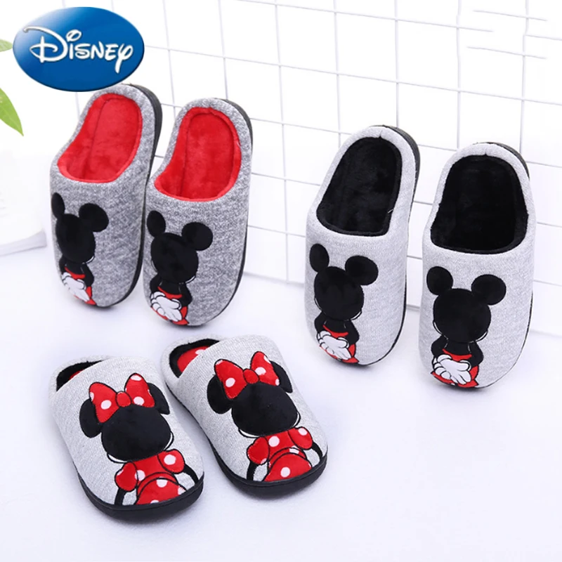 Disney/зимние милые розовые домашние хлопковые тапочки с Микки Маусом для мальчиков и девочек; домашняя обувь для спальни на плоской подошве; удобная теплая обувь