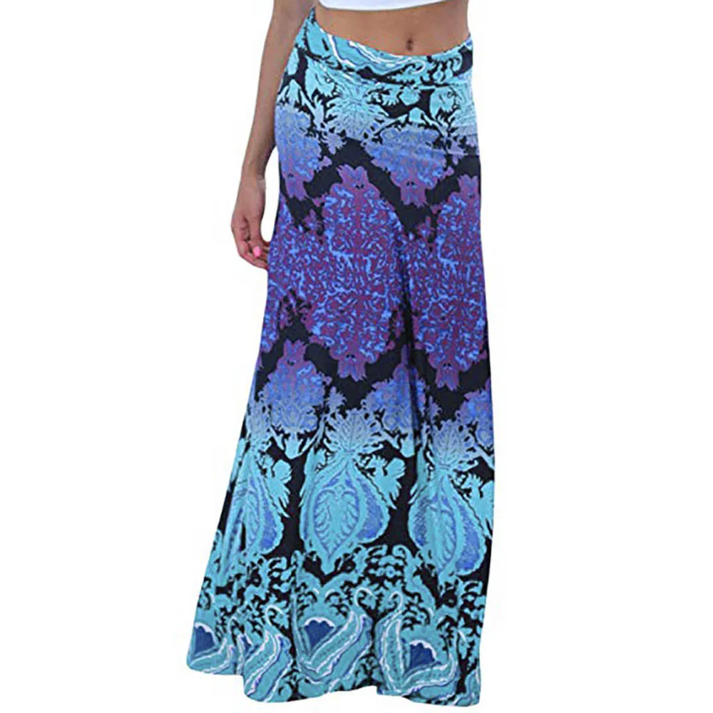 Ladies Printed Empire Floor-Length Skirt Fashion Womens Vintage Casual Coral Print High Waist Skater Skirt Long Maxi Skirt#C