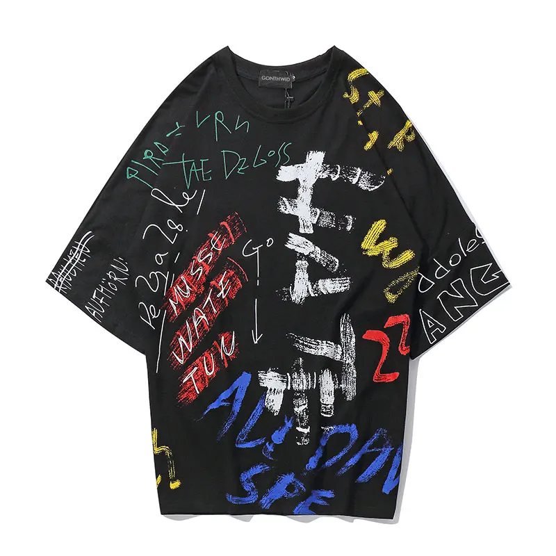 Black GONTHWID Harajuku, футболки с принтом граффити, уличная одежда, хип-хоп, мужские,, повседневные футболки, топы, мужские, с коротким рукавом, с круглым вырезом, модные футболки - Цвет: Black