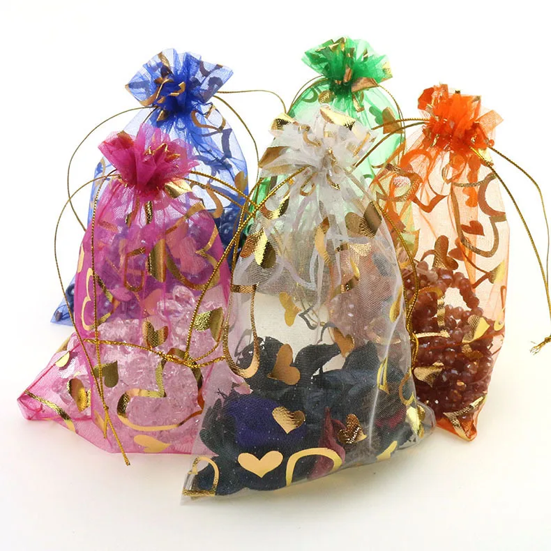 

300 X (6.7"x9.1")Golden Love Heart Organza Wedding Favor DIY Gift Bag Pouch Packaging Jewelry Candy Bags 17x23cm