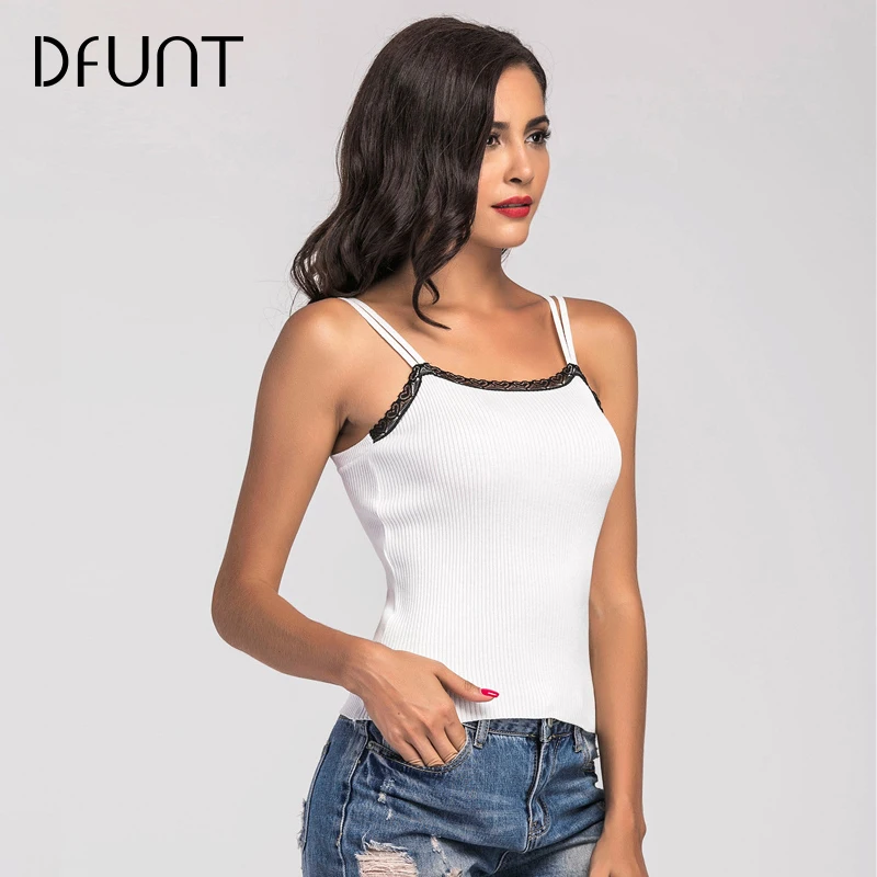 Dfunt Лето Женщины Ткань Camisoles Dentelle лоскутное сексуальный белый/черный с открытыми