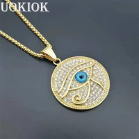 egyptian eye of horus pendant necklace for womenmen gold color stainless steel iced out bling ancient egypt jewelry wholesale