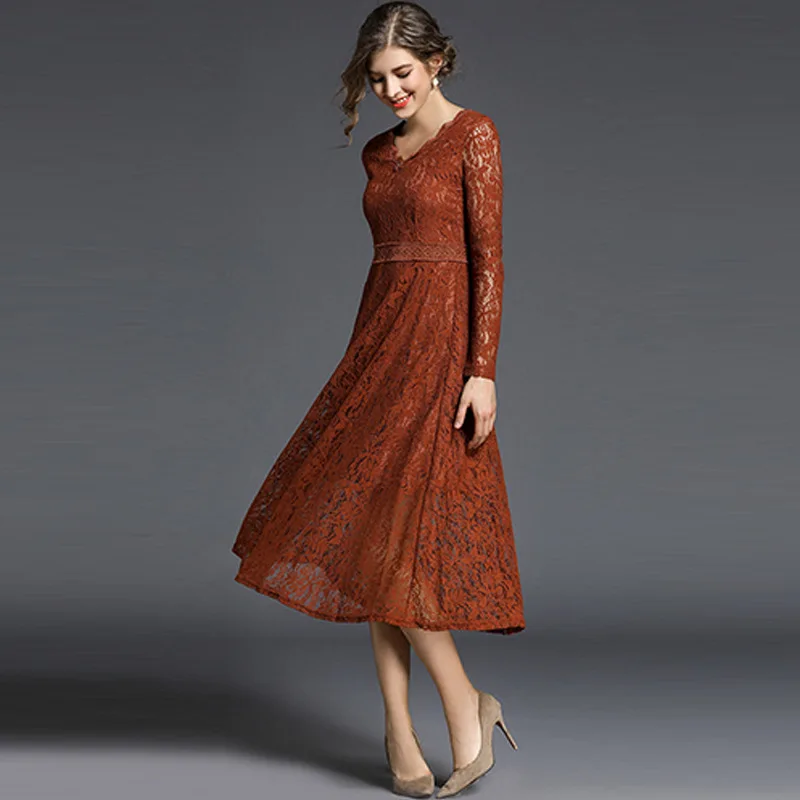 2018 New Spring Sexy Lace Dress V-neck High Waist Long Sleeve Women Elegant Female Party | Женская одежда