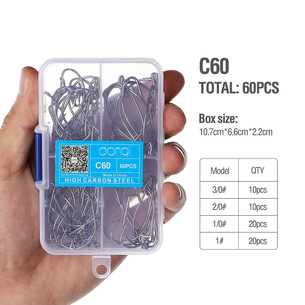 C60 Silver DONQL 60 шт./компл. широкая заводная рукоятка бронзовых морских рыболовных крючков смешанные Размеры офсетная печать рыболовный крючок 5/0#4# колючий Карп Рыбалка крюк для Мягкая приманка в виде червей - Цвет: C60 Silver