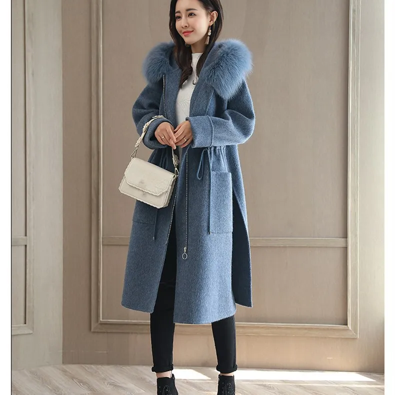 2018 Новое высококачественное шерстяное пальто с капюшоном и меховым воротником