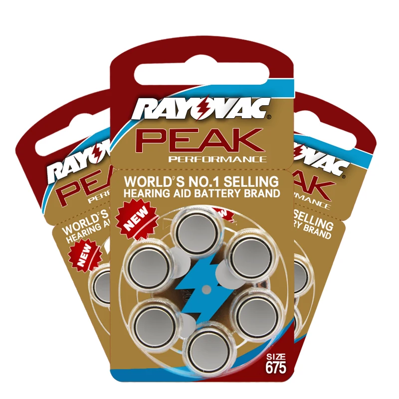 

NEW 60 PCS Zinc Air 1.45V Rayovac Peak Zinc Air Hearing Aid Batteries 675A A675 675 PR44 Cell Button Hearing Aid Battery