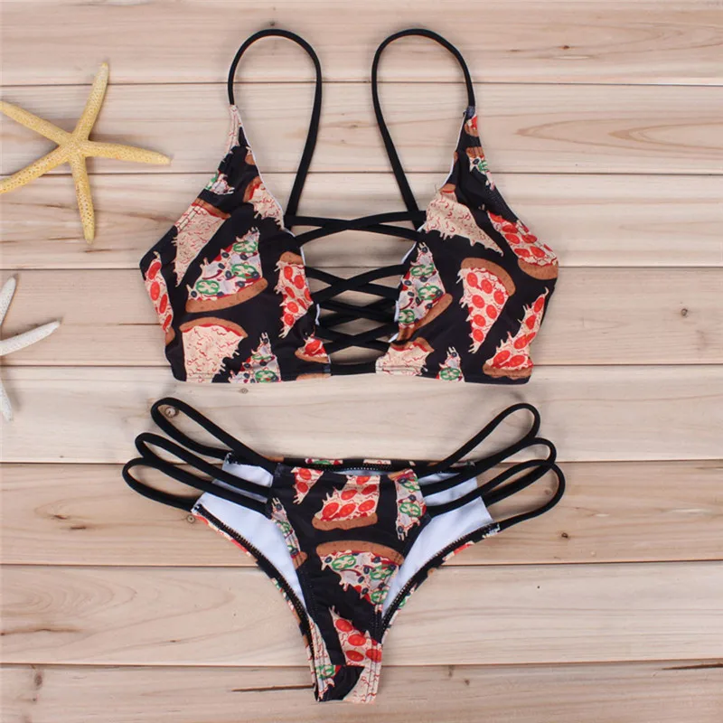 Женский купальник бандажный бикини с пуш апом мягкий бюстгальтер принтом