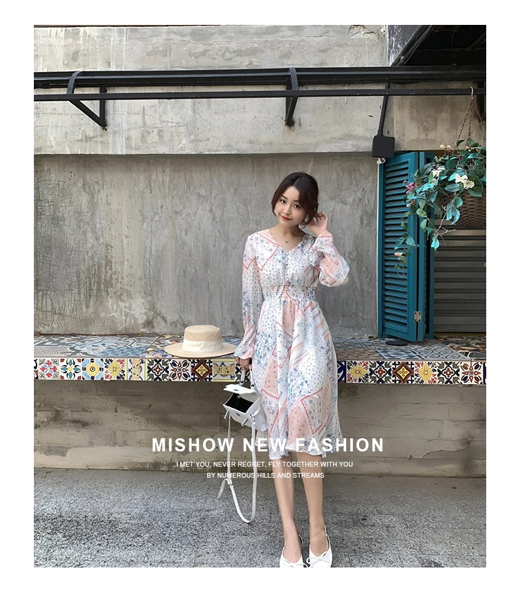 Mishow весна леди длинное шифоновое платье корейский модные женские туфли с длинными рукавами плиссированные платья Винтаж одежда MX19A146