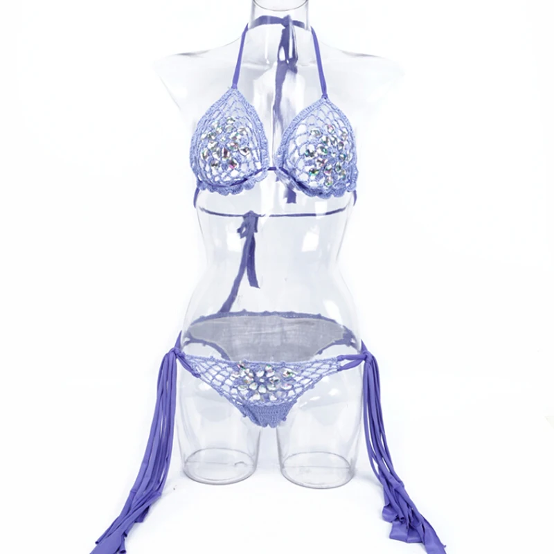 Женский комплект бикини с кристаллами США бандажный купальник пуш-ап купальный