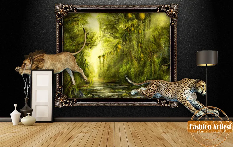 Custom 3d animal wallpaper mural lion leopard jump out of the wall tropical jungle tv sofa bedroom living room cafe restaurant |