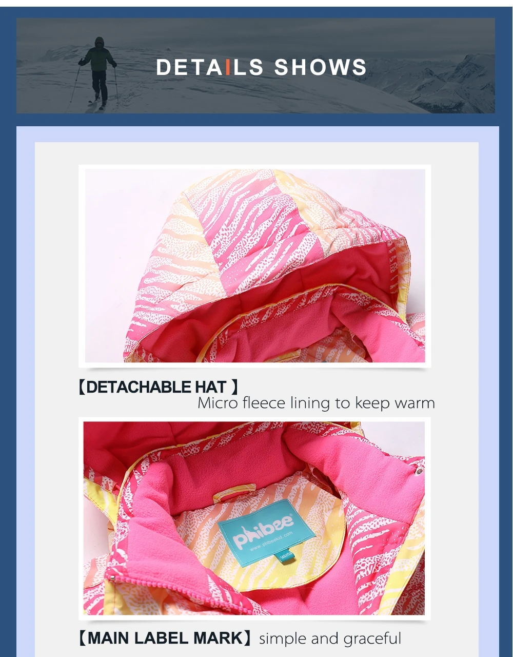 Phibee Girls Ski Snowboad Jacket Warm Breathable Kids Winter Clothing Windproof Waterproof Breathable Coat