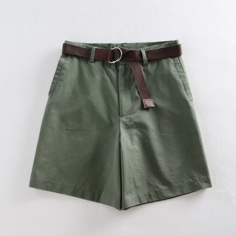 Greenpants with belt 4 цвета, Новое поступление, летние женские шорты с высокой талией и широкими штанинами, с поясом, половина длины, низ, Feminino, повседневная универсальная одежда, B94503F - Цвет: Greenpants with belt