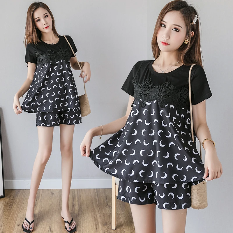 Pregnant Woman Summer Fashion Clothes Set Short Sleeve O-neck Cotton Patchwork Chiffon Floral Shirts+Belly Shorts Twinset Suits | Мать и
