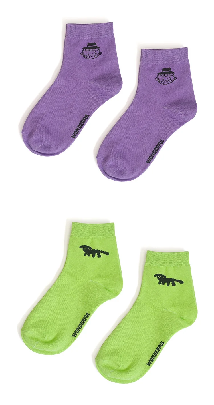 Summer New Design Women Short Socks Cartoon Yellow Green Purple Blue Sock Cotton 5 Pairs A Lot