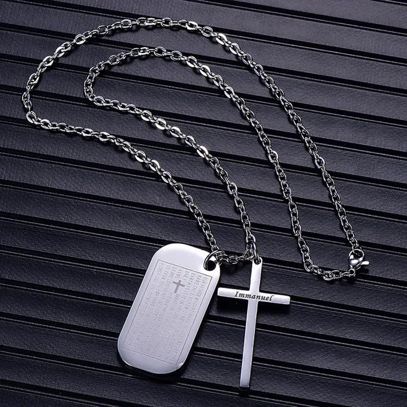 ZFVB Jesus Bible Verse Sculpture Cross Necklace Stainless Steel Christian Immanuel Dog Tag Pendants Religion Jewelry | Украшения и