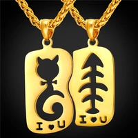 new hot valentines day gift cartoon hollow cat love fish necklaces yellow gold color pair couple jewelry for womenmen gp2348