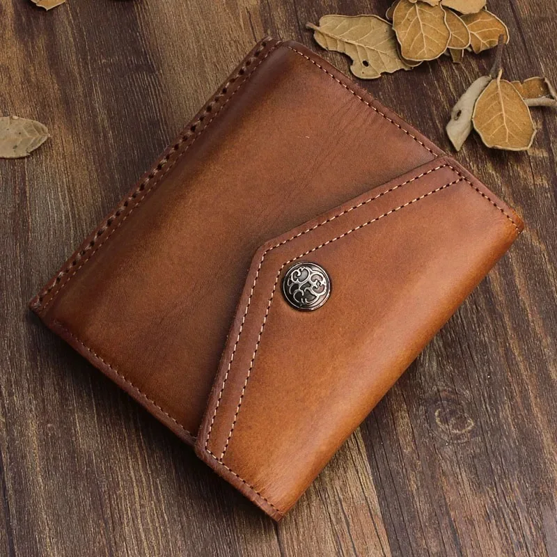 Винтажный дизайнерский мужской короткий бумажник из натуральной коровьей кожи с