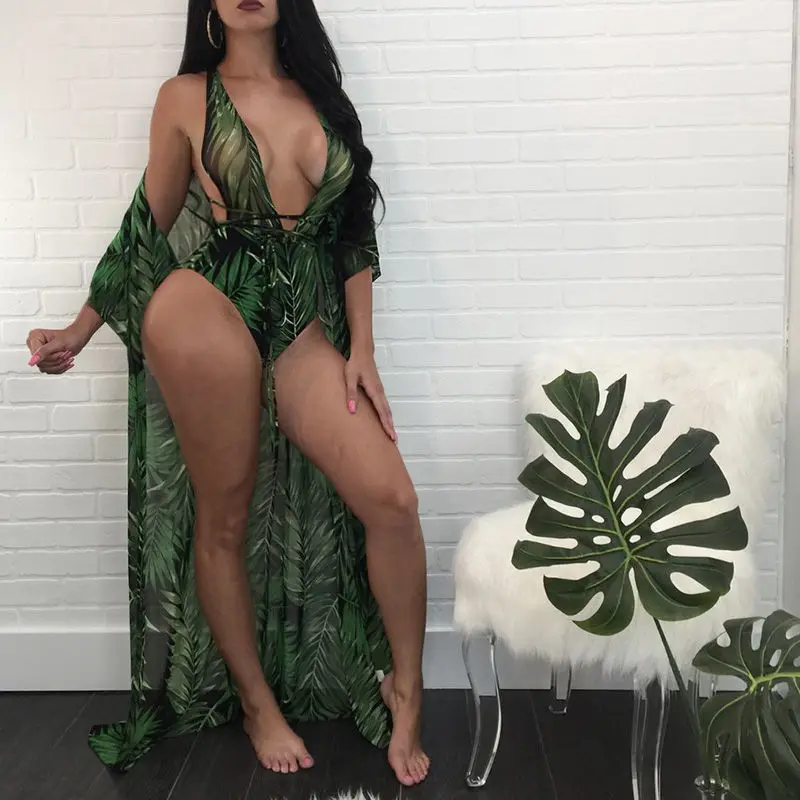 Летний женский купальник с принтом зеленых листьев закрытый коротким рукавом