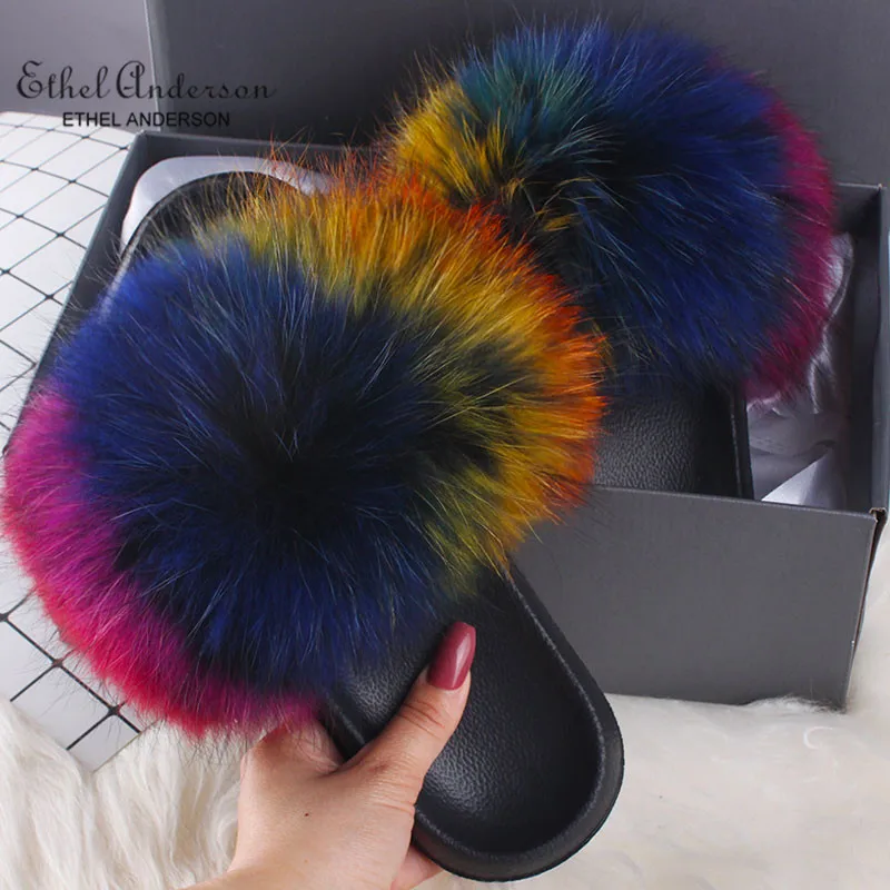 Colorful Raccoon Fur Модные шлепанцы с натуральным лисьим мехом; женские модные Вьетнамки; Летние пушистые меховые сандалии; обувь на плоской подошве - Цвет: Colorful Raccoon Fur