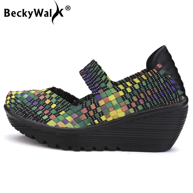 Женские Тканые Сандалии BeckyWalk разноцветные удобные весенние туфли на танкетке и