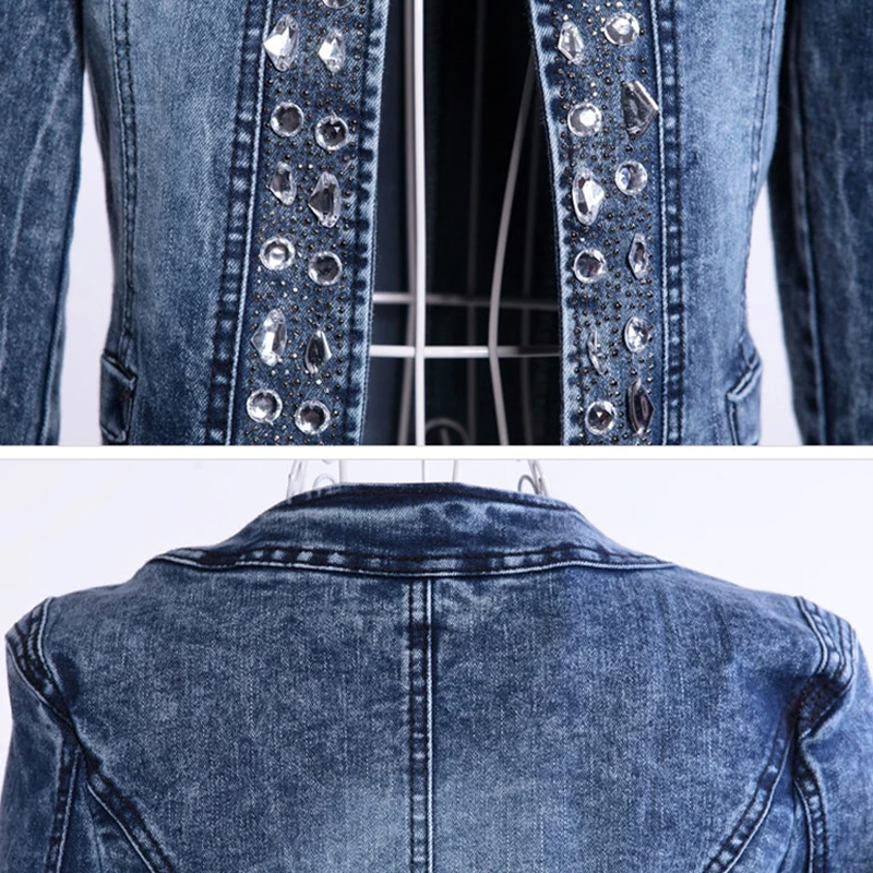 2019 осень джинсовая куртка Стразы блестками Элегантные винтажные Короткие