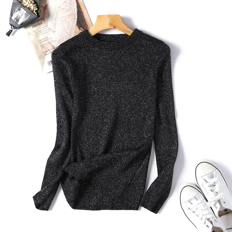 2019 Women Fashion Autumn Winter Sweater Long Sleeve Bright Line Silk Pullover Basic Sweaters Casual Slim Knit Tops Femme | Женская