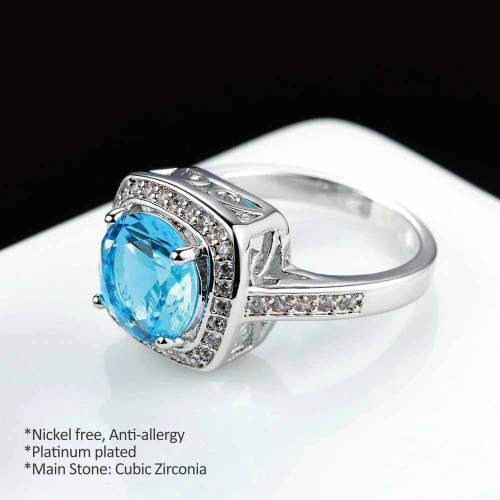 Двойное романтическое круглое кольцо с 4 когтями из голубого фианита серебряного