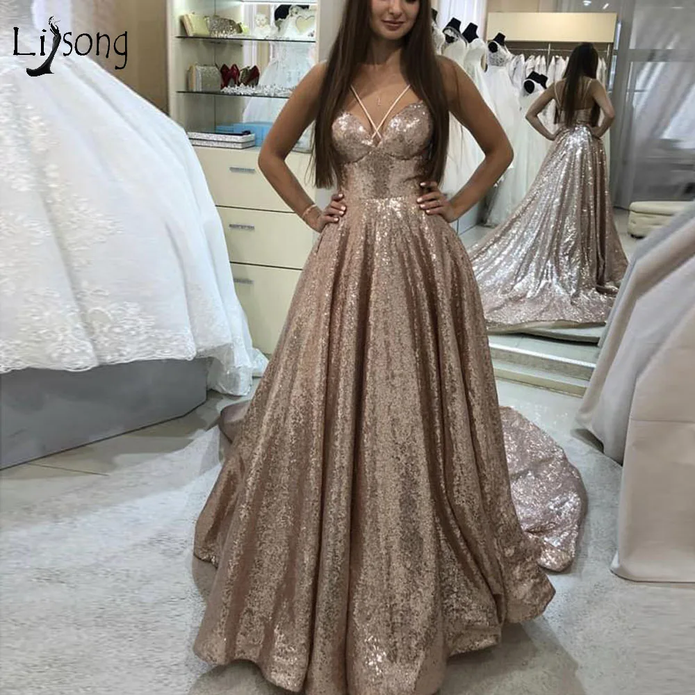 Bling цвета шампанского с блестками Длинные платья для выпускного вечера трапециевидной формы длиной до пола платья для выпускного вечера, любимая девушка vestido de festa Longo