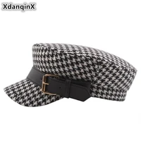 xdanqinx elegant autumn winter womens flat cap warm army military hats fashion trend wild plaid decoration female winter hat