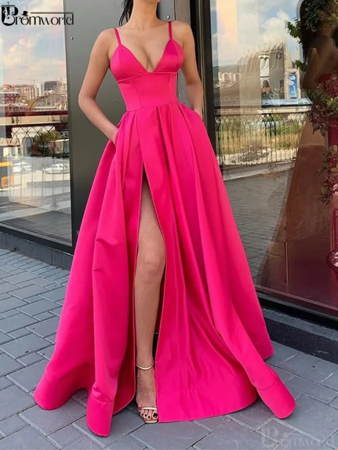 Fuchsia Желтые Длинные платья для выпускного вечера v-образным вырезом А-силуэта из сатина высокий разрез Сексуальные вечерние макси длинные платья для выпускного вечера с карманами Robe De Soiree - Цвет: Fuchsia