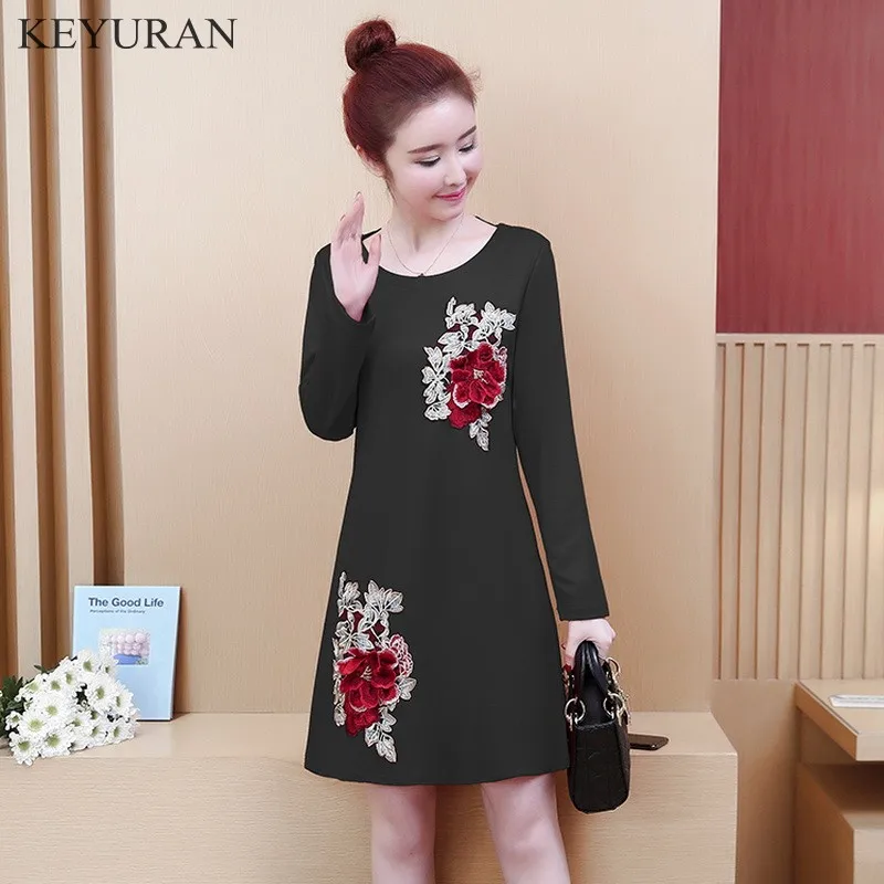 Women 3D Flower Embroidery Black Red Dress Spring Autumn Plus Size 5XL Long Sleeve Vintage Dresses For Ladies Vestidos De Festa | Женская