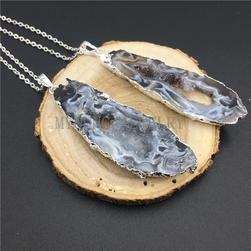 Natural Agates Geode Druzy Slice Silver Electroplated Pendant Necklace With Color Chain MY0856 | Украшения и аксессуары