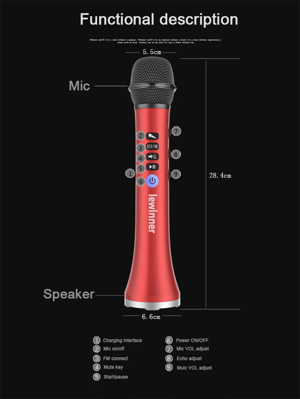 Lewinner L-698 Профессиональный 15 Вт Портативный USB беспроводной Bluetooth караоке микрофон динамик с динамическим микрофоном