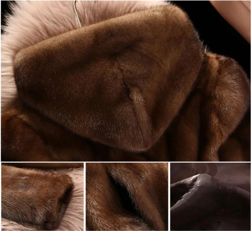 Женская шуба из искусственного меха норки, новинка, плюс Размер 6XL, средняя длина, зимняя верхняя одежда с капюшоном, женские утолщенные коричневые шубы из меха норки, H556
