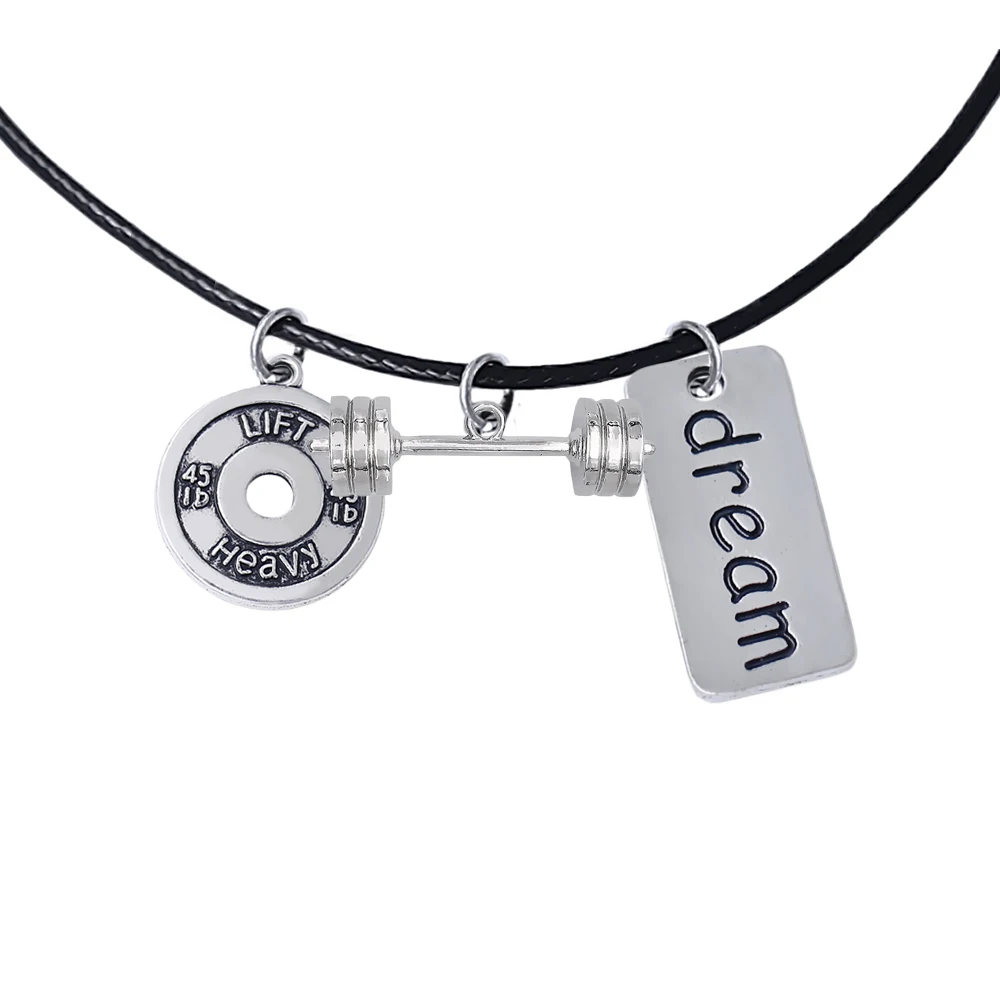Popular Fitness Metal Barbell Combination Charm Leather Necklace Dream Inspirational Label Men and Women Gym Souvenir Necklaces | Украшения